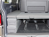 UTILITY for the back and front of the stowage box VW T6.1 California Beach with 2-seater bench, design "Leather Palladium“